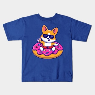 Cute Corgi Dog Floating With Doughnut Swimming Tires Cartoon Kids T-Shirt